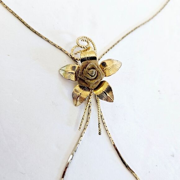 Vintage Gold Tone Textured Mesh Rose Floral Lariat Slide Adjustable Necklace - Picture 5 of 8